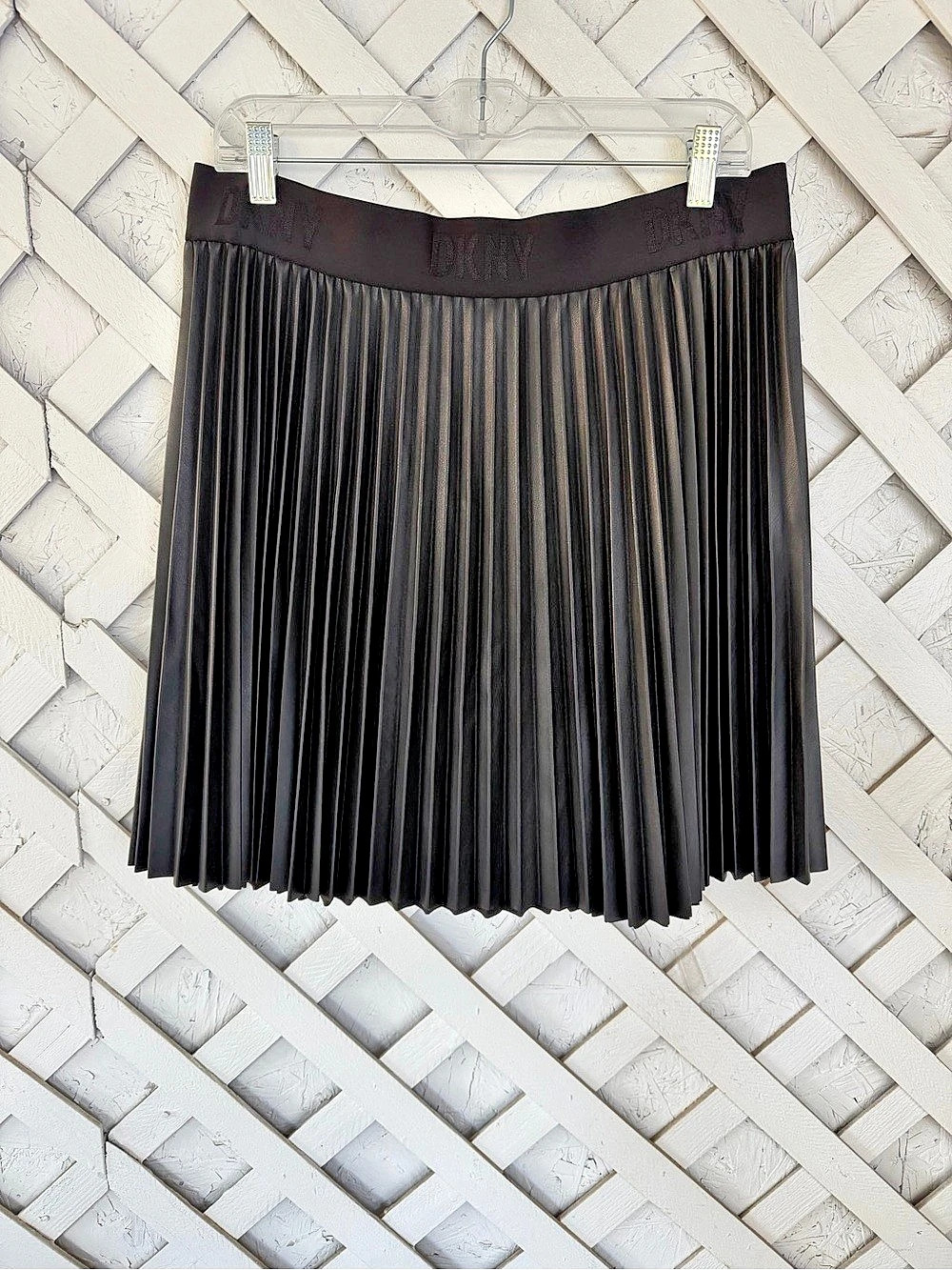 DKNY Pleated Faux Leather Miniskirt Black Large